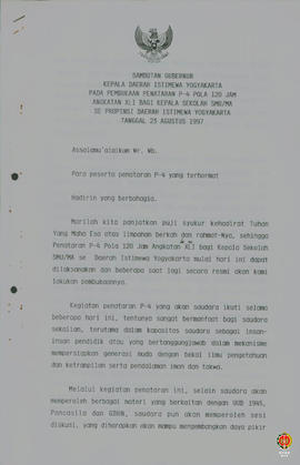 Teks sambutan Gubernur Kepala Daerah Istimewa Yogyakarta pada pumbukaan penataran P4 pola 120 jam...