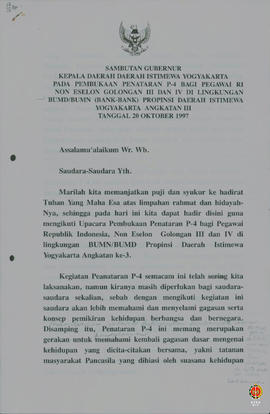 Teks Sambutan Gubernur Kepala Daerah Istimewa Yogyakarta pada pembukaan Penataran P4 bagi Pegawai...