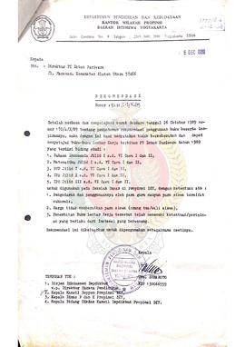 Surat dari Kepala Departemen Pendidikan dan Kebudayaa Kantor Wilayah Provinsi Yogyakarta kepada D...