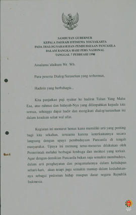 Teks Sambutan Gubernur Kepala Daerah DIY pada Forum Dialog Pembudayaan Pancasila dalam rangka Har...