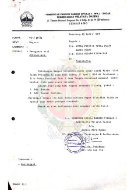 Surat dari Sekretaris Wilayah Daerah Pemerinta Provinsi Dati I Jawa Tengah kepada ketua Panitia P...