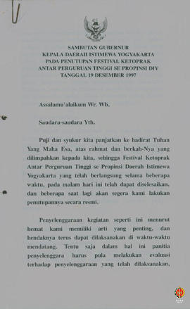 Teks sambutan Gubernur Kepala DIY pada penutupan Festival Ketoprak berbahasa Indonesia antar Perg...