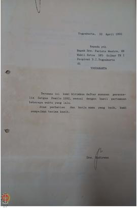 Surat dari Drs. Sudirwan kepada Drs. Pariata Westra, SH selaku wakil ketua Dewan Perwakilan Daera...