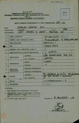 Data peserta penataran P-4 pada pendukung 25 Jam bagi anggota Dharma Wanita DIY angkatan XXXIV da...