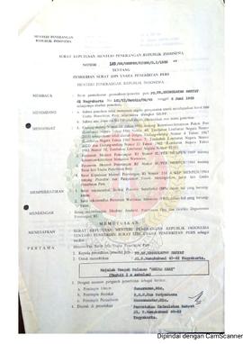 Surat Keputusan Menteri Penerangan Republik Indonesia Nomor : 143/SK/MENPEN/ SIUPP/D.2/1986 tenta...