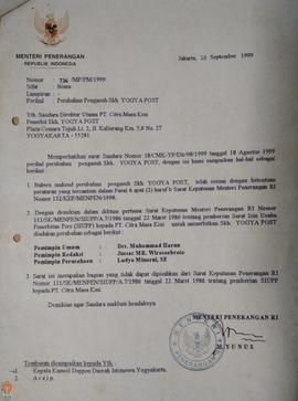 Surat dari Menterei Penerangan Republik Indonesia kepada Direktur Utama PT Citra Masa Kini Penerb...