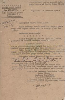 Surat Keputusan Pemerintah Pakualaman Nomor : 169/II/WP tanggal 18 Desember 1946 tentang penetapa...