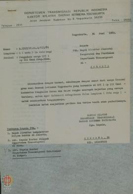 Surat dari Pjs. Kepala Kantor wilayah Departemen Transmigrasi DIY kepada Direktur Jendral Penyera...