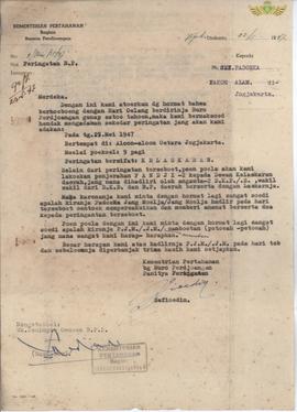 Kementrian Pertahanan, Bagian Bureau Perdjoangan kepada Paku Alam VIII, tanggal 22 Mei 1947, peri...
