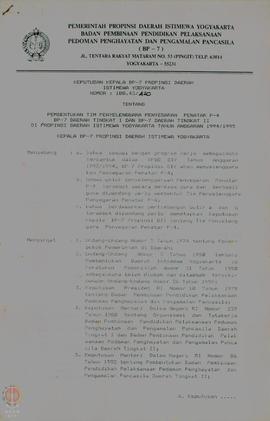 Surat Keputusan Kepala BP-7 Propinsi DIY tentang penyelenggara penyegaran penataran P-4 BP-7 Prop...