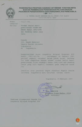 Surat dari Kepala BP-7 DIY Kepala Yogyakarta perihal Tindak Lanjut Hasil Pemeriksaan Itjen Depdag...