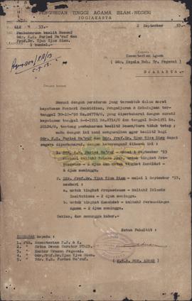 Surat dari ketua Fakultit Perguruan Tinggi IAIN kepada Menteri Agama tanggal 2 September 1953 ten...