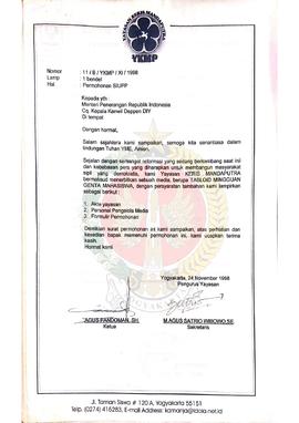 Berkas permohonan Surat Izin Usaha Penerbitan Pers dari Pengurus Yayasan Keris Manda Putra untuk ...