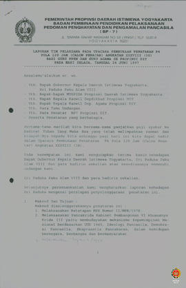 Laporan Tim Pelaksana pada upacara pembukaan penatran P4 Pola 120 jam (calon penatar) angkatan XX...