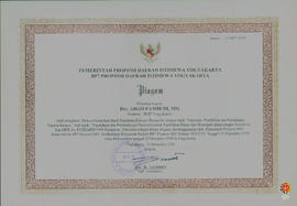 Piagam dari BP-7 DIY diberikan kepada Drs. Argo Pambudi, MSi, dkk atas partisipasinya mengikuti D...