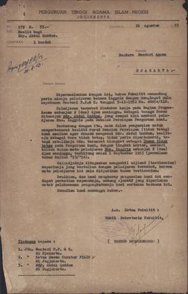 Surat dari Perguruan Tinggi IAIN kepada Menteri Agama tanggal 26 Agustus 1953 tentang usul  penga...