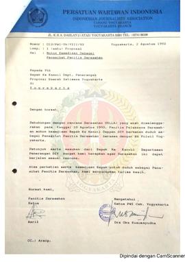Surat dari Ketua Persatuan Wartawan Indonesia (PWI) Cabang Yogyakarta kepada Kepala Kantor Wilaya...