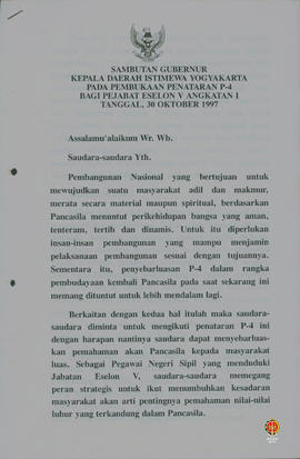 Teks sambutan Gubernur Kepala Daerah Istimewa Yogyakarta pada penutupan penataran P4 bagi pegawai...