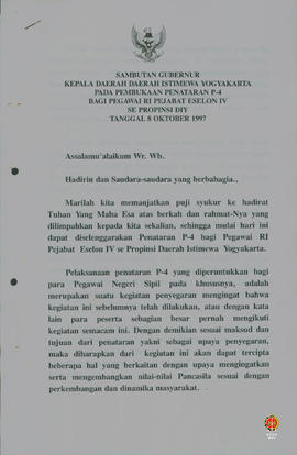 Teks Sambutan Gubernur Kepala Daerah Istimewa Yogyakarta pada pembukaan penataran P4 bagi pegawai...