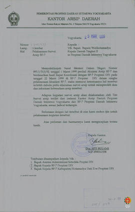 Surat dari Kepala Kantor Arsip Daerah kepada Kepala BP-7 DIY perihal pelaksanaan survey arsip BP-...