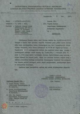 Surat dari Pjs. Kepala Kantor Wilayah Departemen Transmigrasi DIY kepada Kepala Kantor Departemen...
