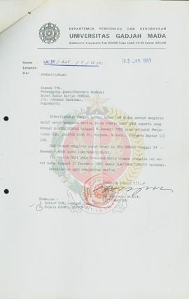 Surat dari Pembantu Rektor III Universitas Gadjah Mada kepada Penanggung jawab/ Pimpinan Redaksi ...