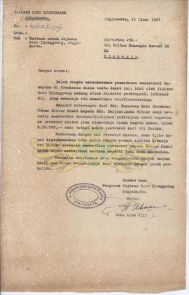 Surat dari ketua yayasan Rarajongrang kepada Sri Sultan Hamengku Buwono IX tanggal 14 Juni 1967 t...