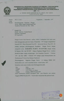 Surat dari Kepala BP-7 ditujukan kepada Bapak Gubernur Kepala DIY perihal penyelenggaraan pagelar...