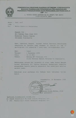 Surat dari Kepala BP7 kepada Sri Paduka Paku Alam VIII Gubernur Kepala DIY perihal permohonan sam...