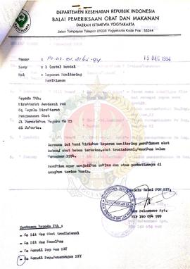 Surat dari Kepala Balai Pengawasan Obat dan Makanan Daerah Istimewa Yogyakarta kepada Kepala Kant...