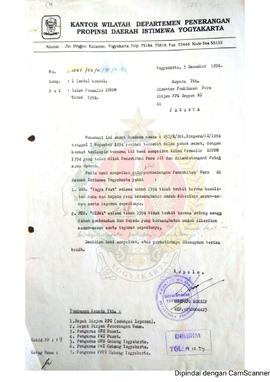 Surat dari Kepala Kantor wilayah Departemen Penerangan Yogyakarta kepada Direktur Pembinaan Pers ...