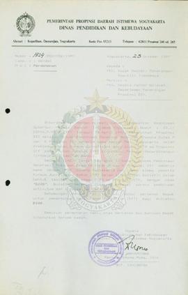 Surat dari Kepala Dinas Pendidikan dan Kebudayaan Provinsi Daerah Istimewa Yogyakarta kepada Ment...