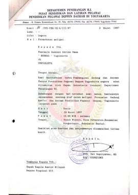Berkas surat dari Kepala Pendidikan Pegawai Departemen Penerangan (PPD) Yogyakarta kepada Pemimpi...