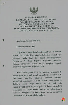 Teks Sambutan Gubernur Kepala DIY pada pembukaan penataran P4 bagi Pegawai RI Pejabat structural ...