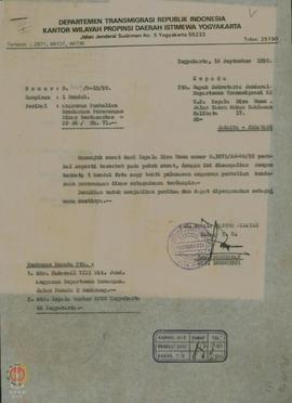 Surat dari Kepala Bagian Tata Usaha Kantor Wilayah Departemen Transmigrasi DIY kepada Sekertaris ...