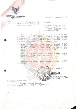 Surat dari Direktur Pembinaan Pers Departemen Penerangan Republik Indonesia kepada Ketua Yayasan ...