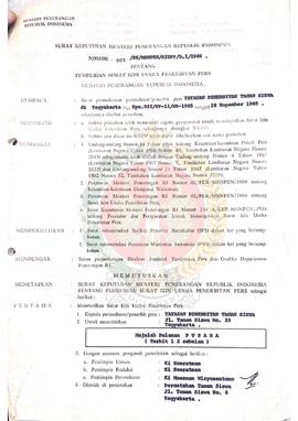 Surat Keputusan Menteri Penerangan Republik Indonesia Nomor : 083/SK/MENPEN/ SIUPP/D.1/1986 tenta...