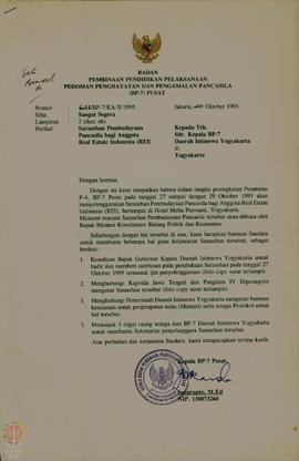 Surat dari BP-7 Pusat tertanggal 20 Oktober 1995 ditujukan kepada Kepala BP-7 DIY perihal Saraseh...