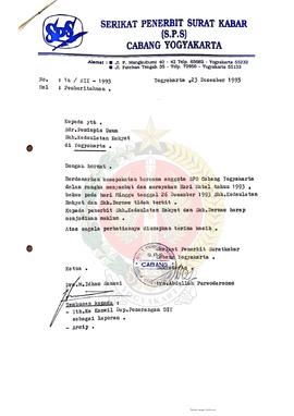 Surat dari Serikat Penerbit Surat Kabar (SPS) Cabang Yogyakarta kepada Kepala Kantor Wilayah Depa...