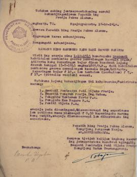 Surat dari Patih Pradja Paku Alaman sk. Soerioatmadja Nomor : wp.72 tanggal 15 Oktober 1945, tent...