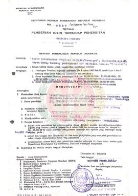 Keputusan Menteri Penerangan Republik Indonesia Nomor :  0219/SK/DPHM/SIT/1966 tentang pemberian ...