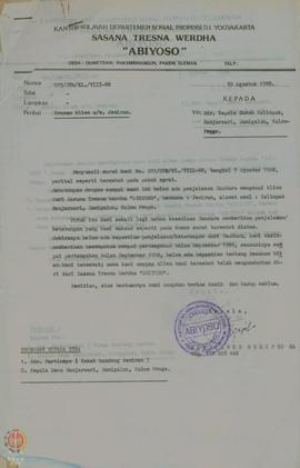 Surat dari Kepala Sasana Tresna Werdha ABIYOSO, Pakem, Sleman, tanggal 30 Agustus 1988 ditujukan ...