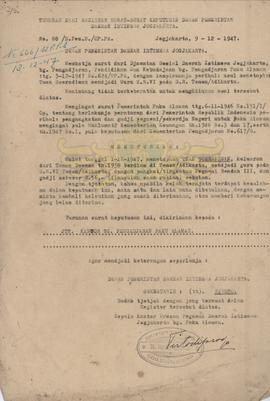 Surat Keputusan Dewan Pemerintah DIY Nomor : 88/D.Pem.D./OP.PA tanggal 9 Desember 1947, tentang p...