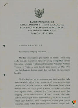 Teks sambutan Gubernur Kepala Daerah Istimewa Yogyakarta pada upacara penutupan penyegaran/penata...