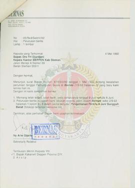 Surat dari Sekretaris Redaksi Bernas kepada Kepala Kantor Departemen Penerangan Kabupaten Sleman ...