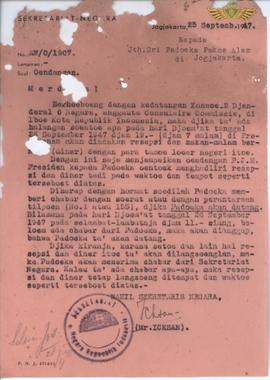 Surat dari Sekretaris Negara No : Aw/0/1907 kepada Sri Paduka Pakualam di Yogyakarta perihal Unda...