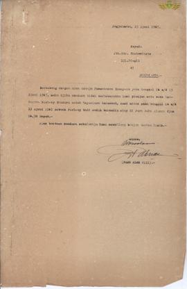 Surat dari Paku Alam VIII kepada Sdr. Tirtominoto, tanggal  15 Juni 1967, tentang  Meminjam kernd...