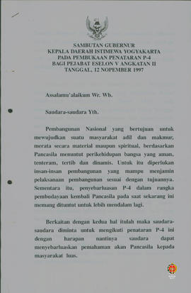 Teks Sambutan Gubernur Kepala Daerah Istimewa Yogyakarta pada pembukaan penataran P4 bagi pejabat...