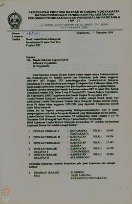 Surat tertanggal 22 November 1996, Nomor 431/1602, dari BP-7 Propinsi DIY mengenai hasil lomba fe...