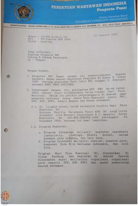 Surat dari Pengurus Pusat Persatuan Wartawan Indonesia (PWI) Pusat Jakarta kepada Kepala Kantor W...